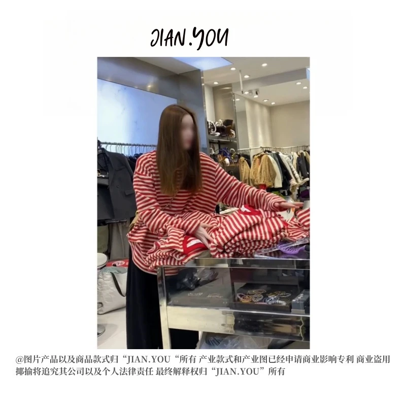 JIANYOU-「时尚条纹」2025加厚新款女装条纹长袖慵懒磨毛T恤HT-533