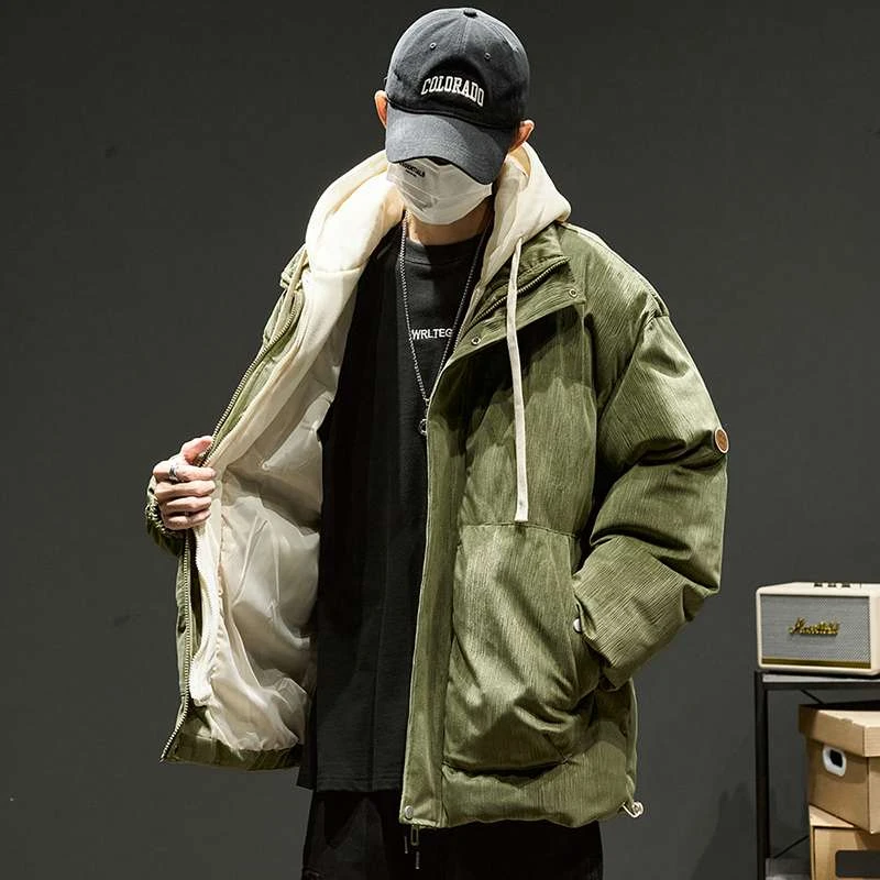 外套男冬季加厚保暖棉衣日系复古灯芯绒面包服潮牌连帽假两件棉服