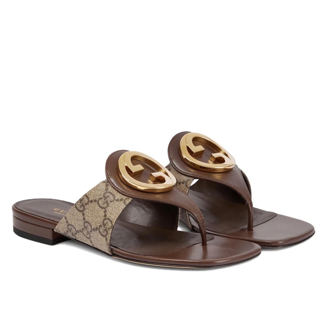 未使用 GUCCI/古驰 古驰女鞋  棕色老花大双G金扣人字拖鞋 多尺码