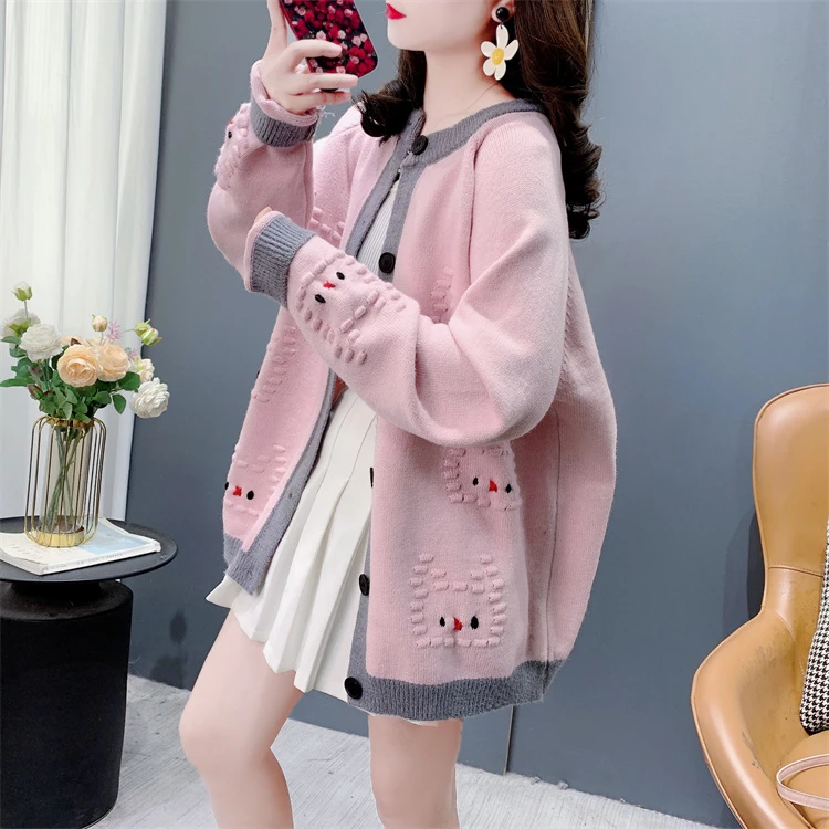 温柔风甜美小猫针织开衫女春季2025新款宽松高级感软糯毛衣外套潮