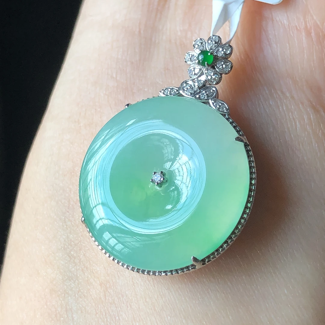 缅甸天然A货翡翠18k金镶嵌老坑冰种满绿平安扣吊坠29.7/22.0/5.4