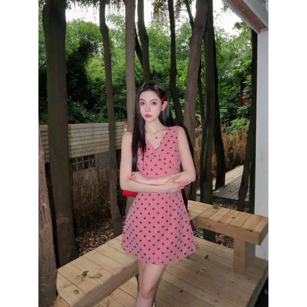 赵小小【心动波尔卡】度假风v领无袖背心法式收腰A字连衣裙28323