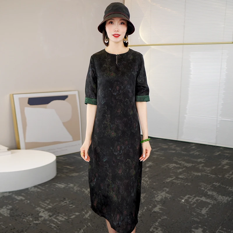 2025夏季时尚浪漫大牌杭州香云纱真丝连衣裙女气质妈妈桑蚕丝裙子