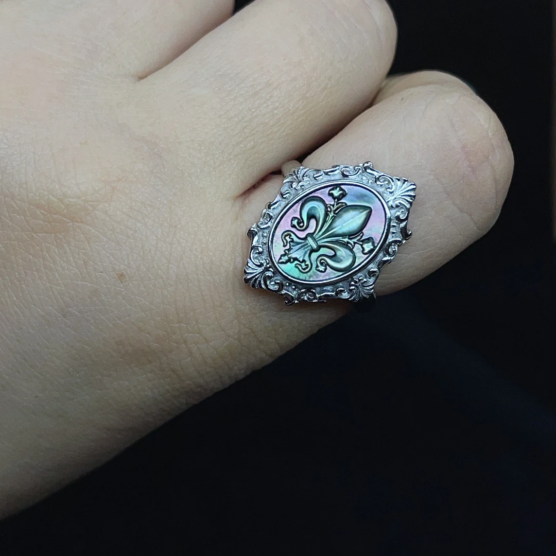 925银贝壳戒指 贝雕超美戒指时尚中古精美