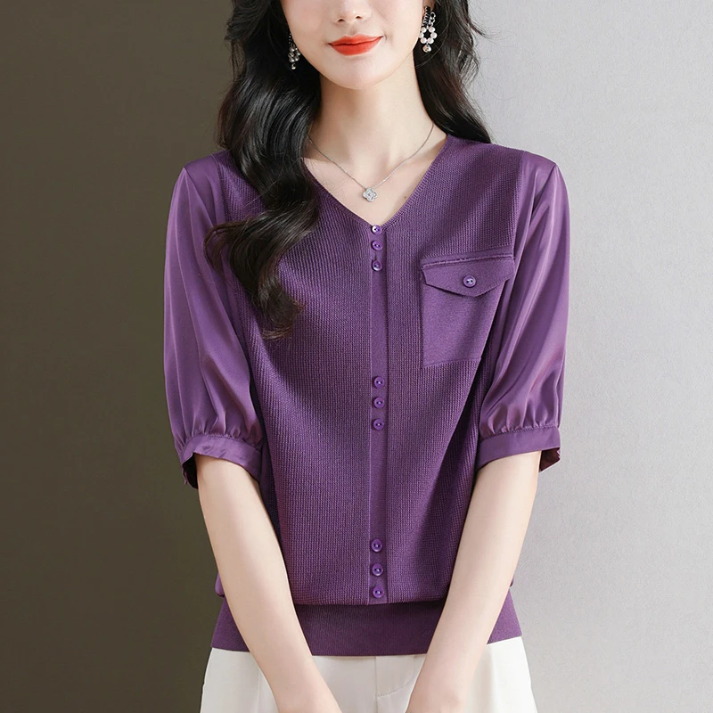 雪纺衫女大码胖mm遮肚子显瘦上衣宽松洋气减龄薄款V领冰丝短袖T恤