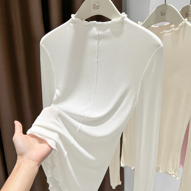 白色木耳边长袖打底衫2025新款正肩半高领T恤秋季内搭针织上衣女