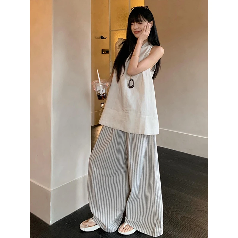 简约休闲纯色背心睡衣女夏季慵懒风条纹长裤可外穿家居服大码套装