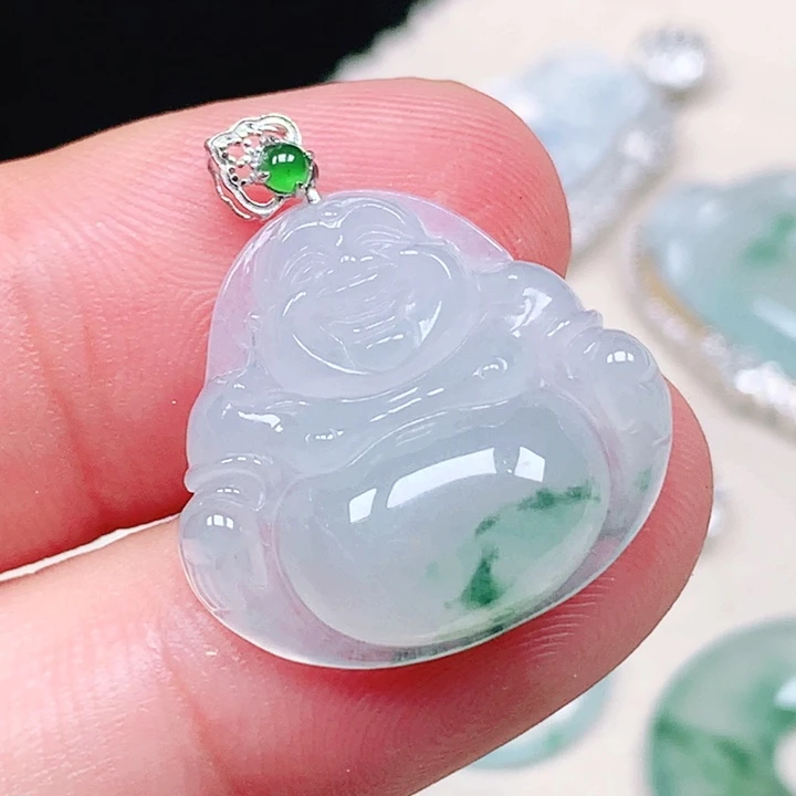 翡翠18K金镶嵌颈饰冰飘花大肚佛