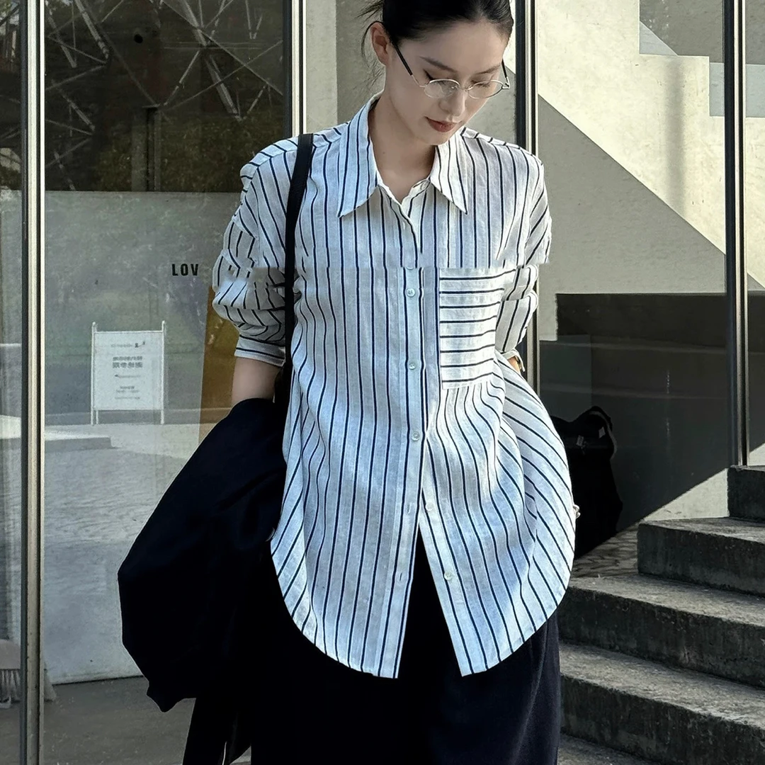 D50584女款单口袋条纹弹力长袖衬衫设计感斜拼接夏季