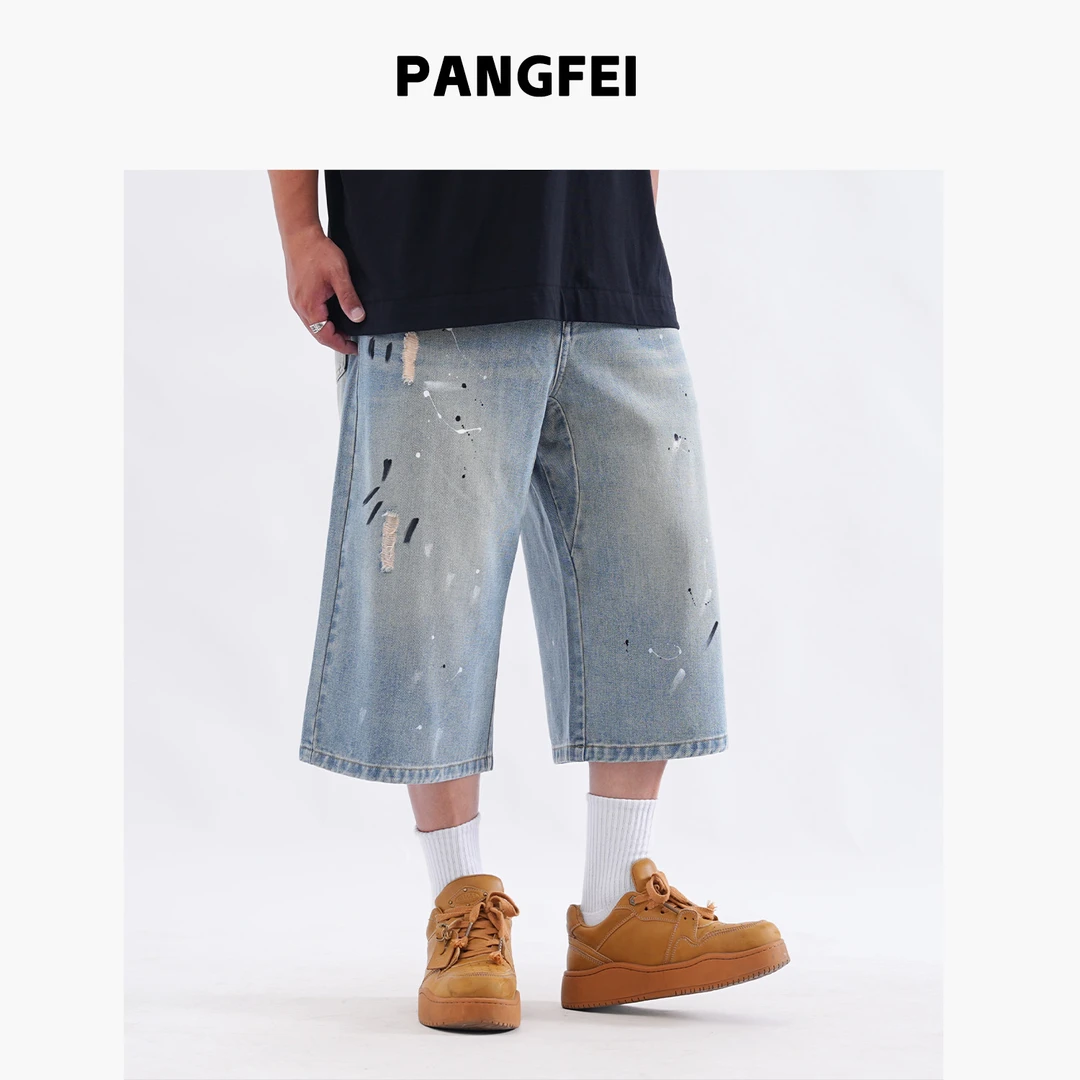 K2528大码男装夏季新款男生宽松复古水洗手绘泼墨破洞七分牛仔裤