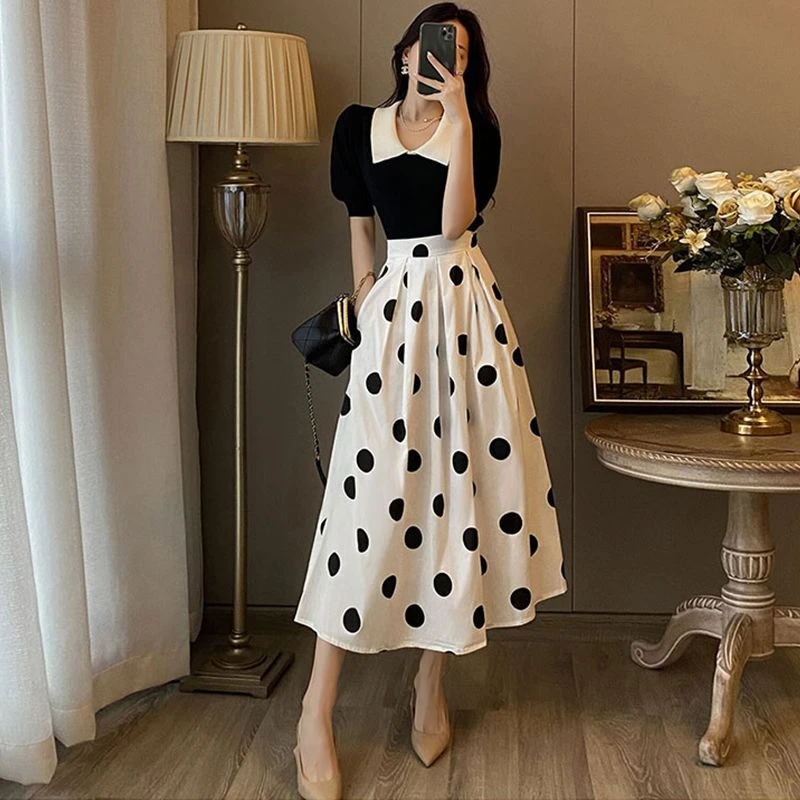 法式复古赫本风气质高腰显瘦波点半身裙泡泡袖上衣两件套装连衣裙