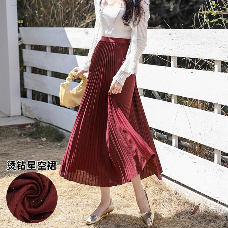 烫钻百褶裙A字半身裙春夏高腰显瘦大摆裙垂感中长款夏季百搭气质