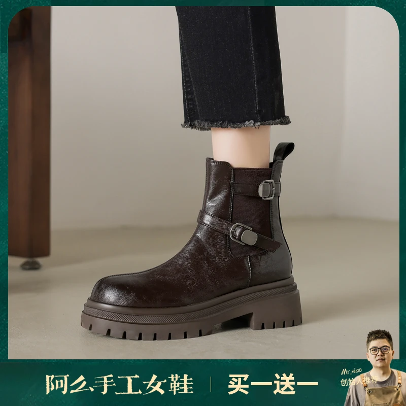 阿么手工女鞋厚底机能风秋冬短靴百搭皮带扣复古真皮切尔西靴5CM