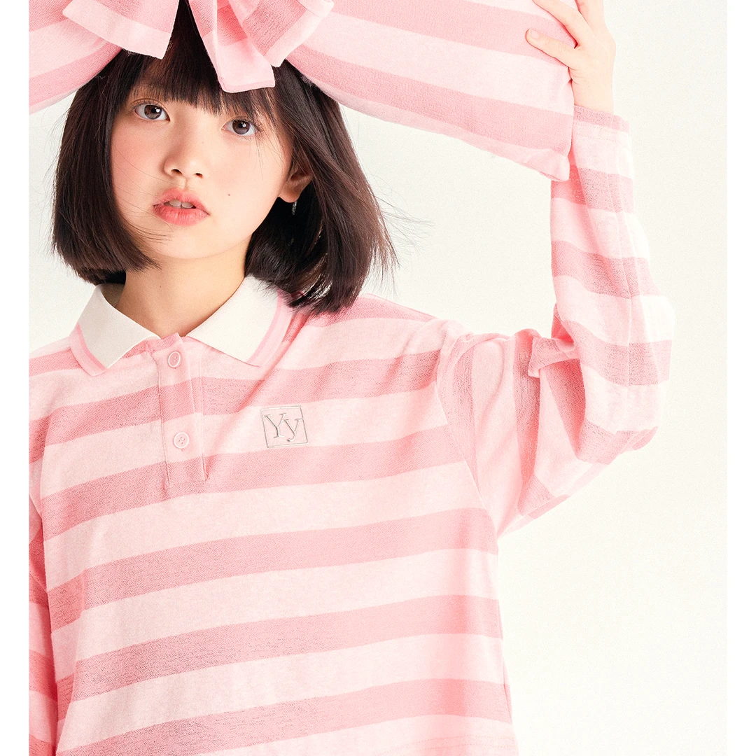 媛媛公主媛【夏至未至】2025春秋女中大童条纹格百搭T恤15101F022