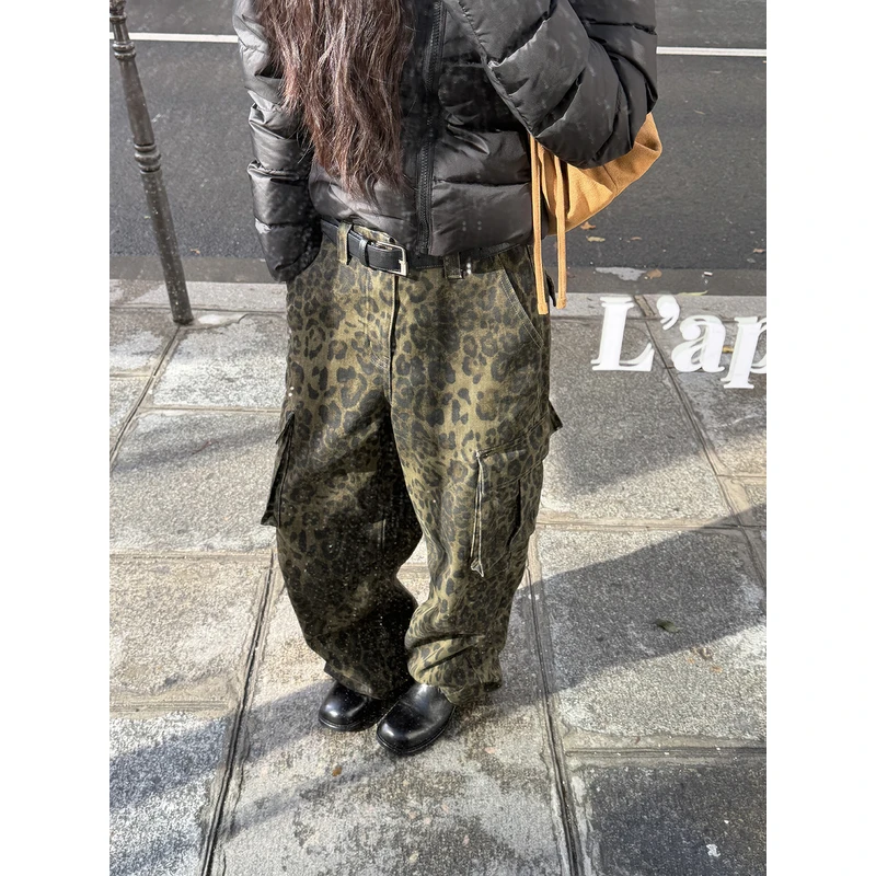 【清】逸语IN choose u笑笑家2025冬季重工豹纹工装裤女阔腿裤89927