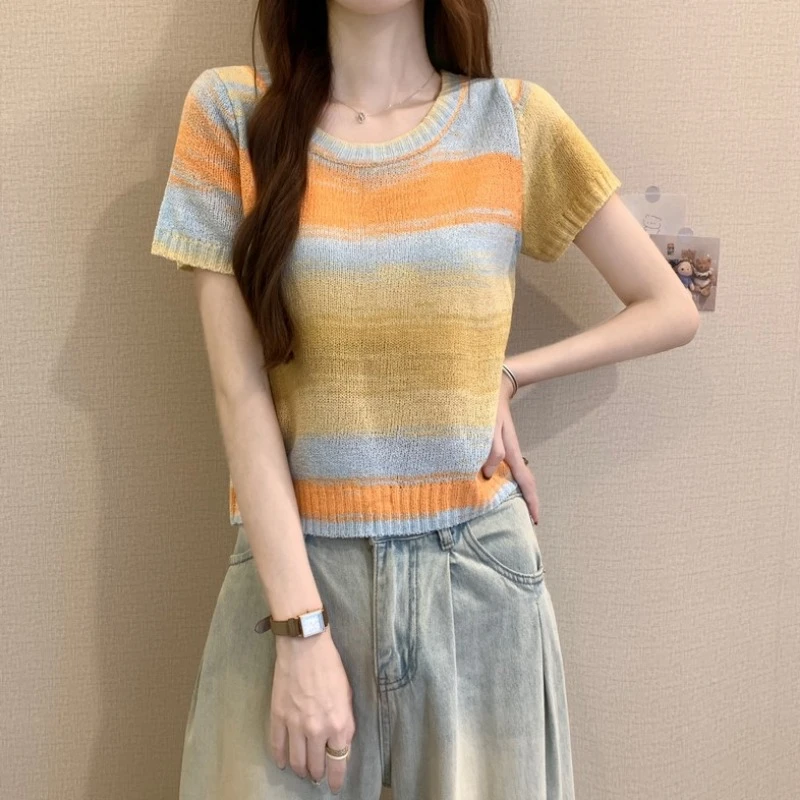 法式别致撞色渐变甜美气质短袖针织T恤女夏季设计感短款冰丝上衣