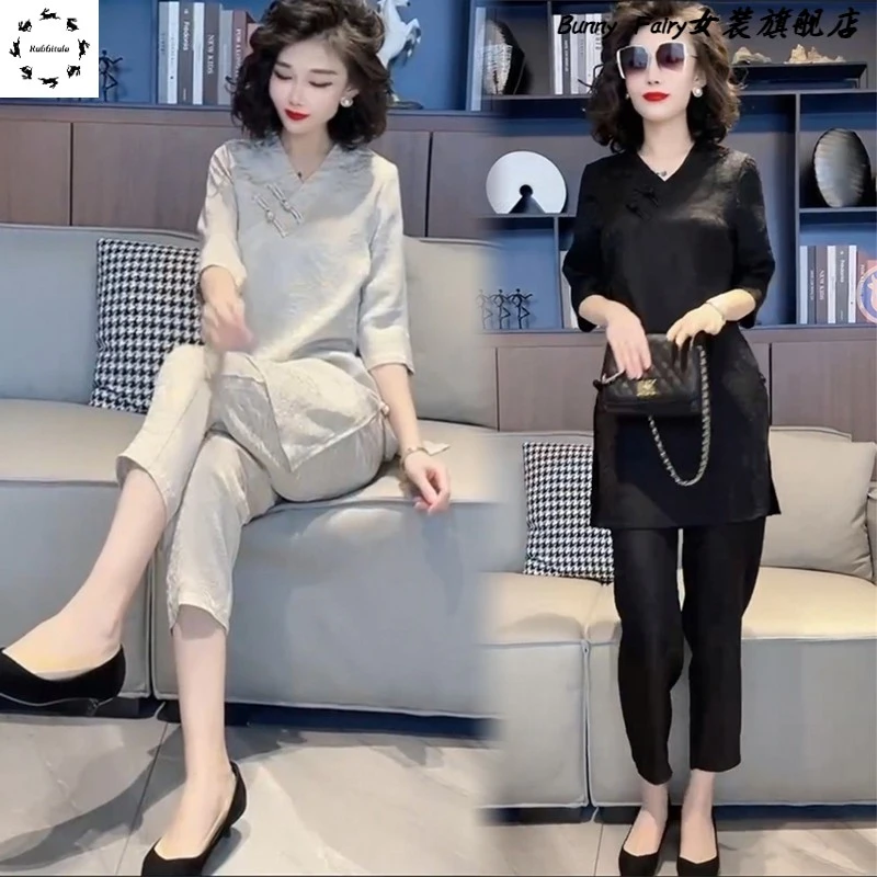 韩版中国风时尚套装女2025夏V领复古盘扣五分袖上衣裤子两件套