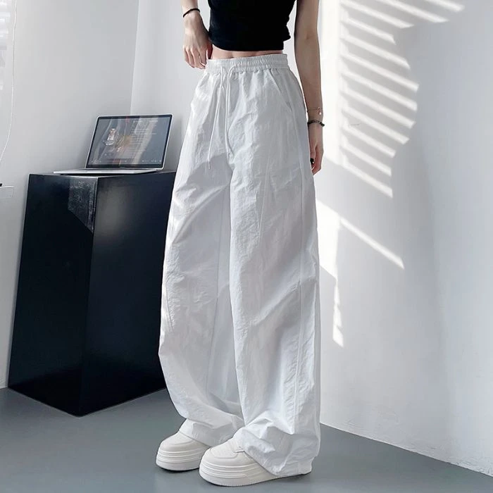 薄款阔腿裤裤子工装裤白色女百搭新款宽松垂感裤长裤松紧腰直筒裤