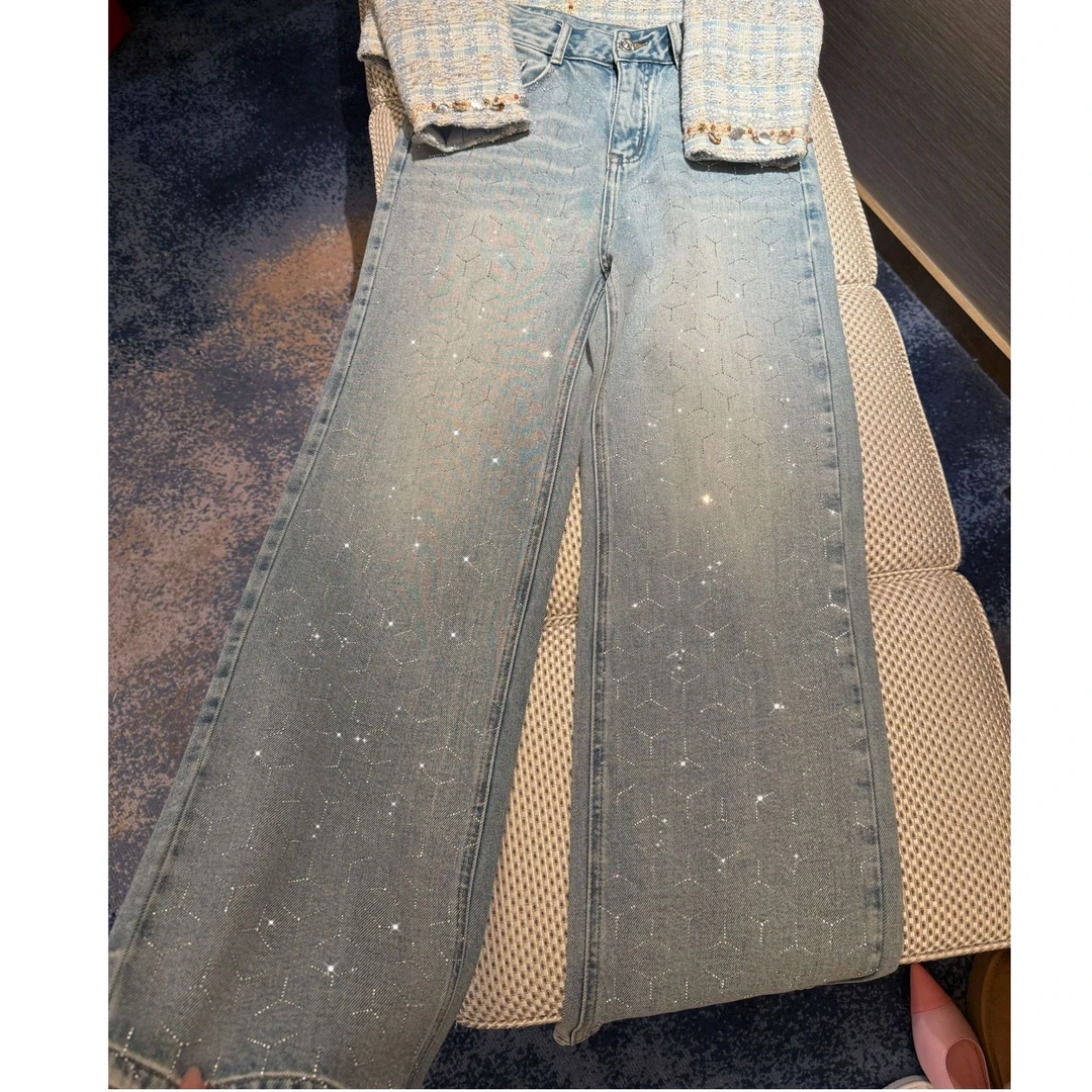 2025超模步调重工烫钻新潮风时尚直筒牛仔裤