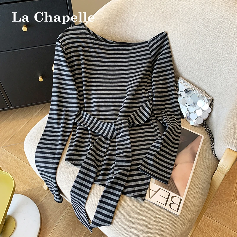 拉夏贝尔条纹一字肩长袖t恤女秋季款设计感小众绑带收腰露肩上衣