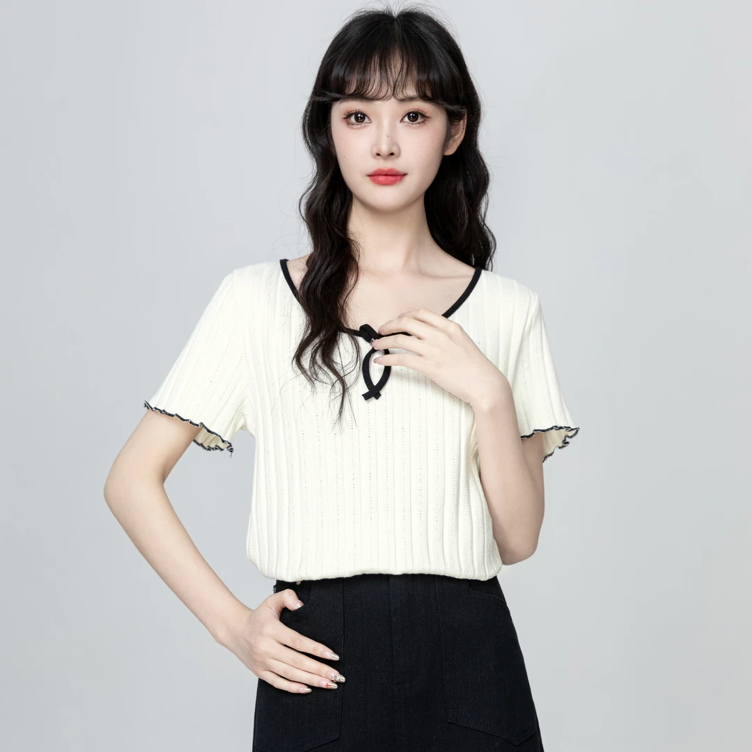 米白色木耳边短袖T恤女夏2025夏季新款设计感蝴蝶结体恤正肩上衣