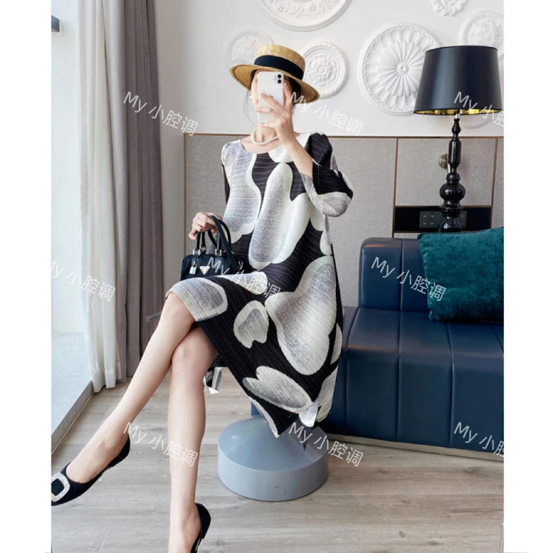 高端褶皱柜款云朵印花大摆连衣裙