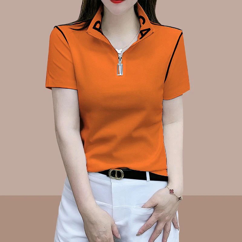 翻领短袖t恤女ins夏季新款女装洋气立领个性半拉链上衣服百搭体恤