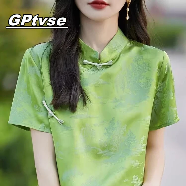 GPTVSE新中式国风立领提花T恤女2025夏新款缎面宽松薄款短袖上衣