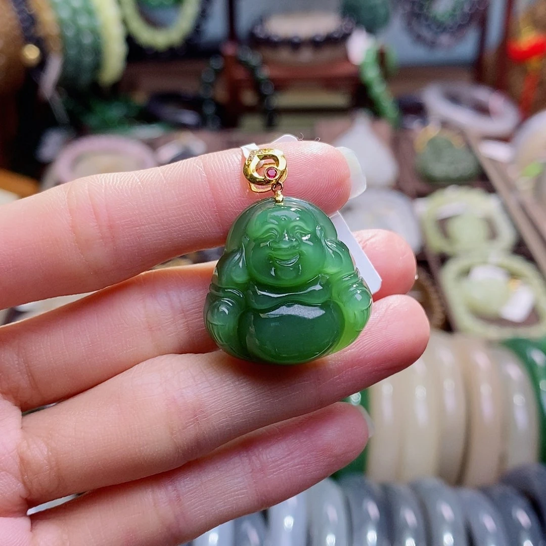 和田玉未镶嵌颈饰碧玉金镶绿猫眼佛公吊坠