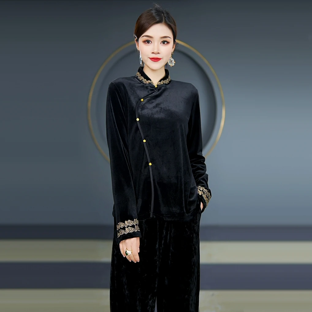 如歌年代春季新款金丝绒刺绣打底衫新中式百搭时尚纽扣配马甲T恤