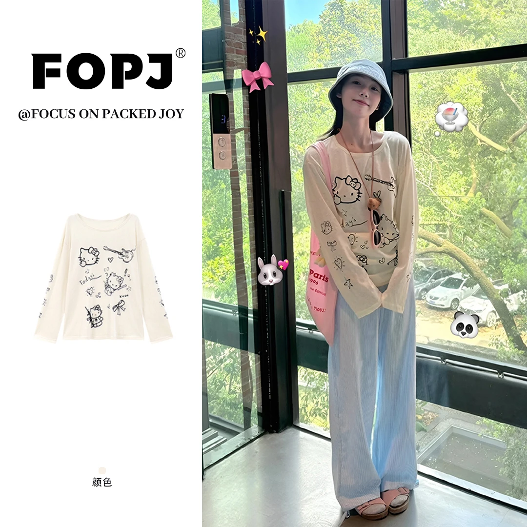 FOPJ韩系慵懒风长袖防晒罩衫卡通kitty印花夏季新款休闲百搭上衣