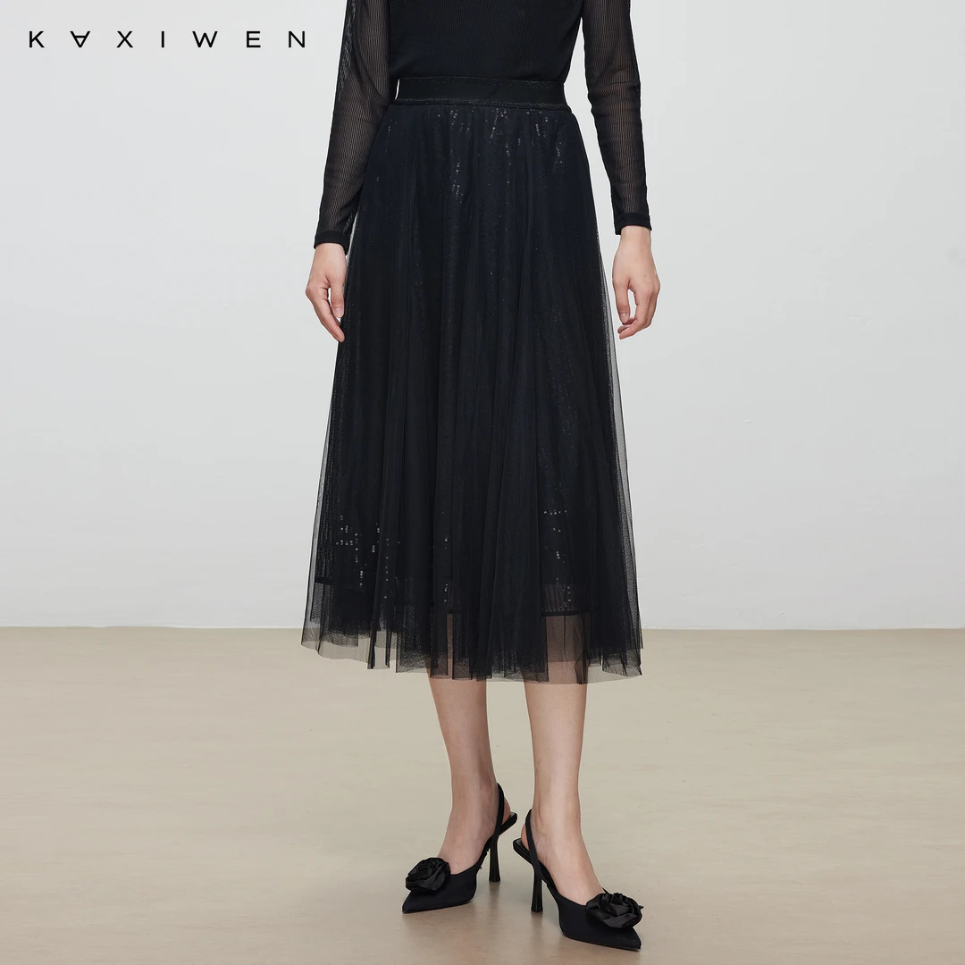 【NOJI&KXW】设计感半身裙亮片网纱A字中长裙X09AQS8014