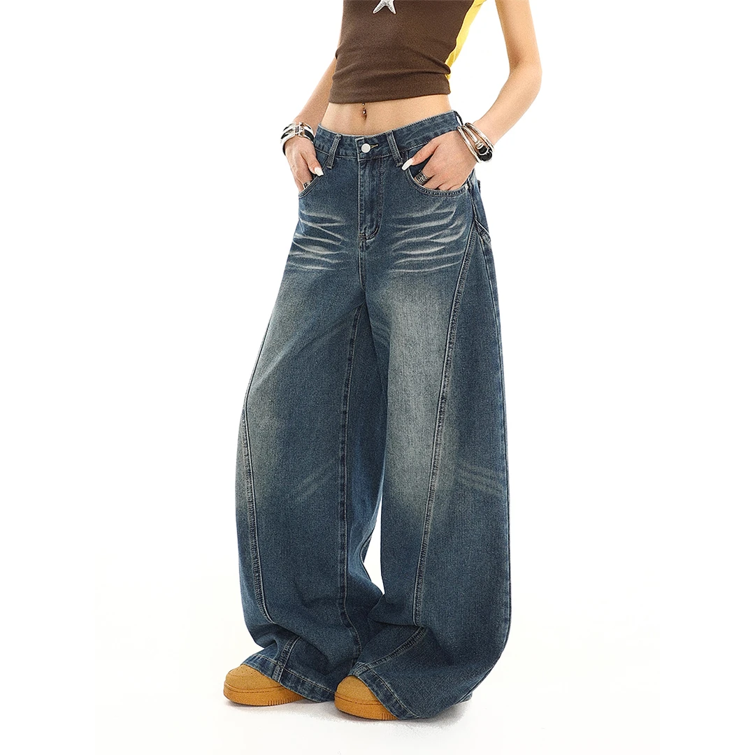 美式复古水洗廓形弯刀牛仔裤女夏季新款宽松出给直筒阔腿拖地裤子