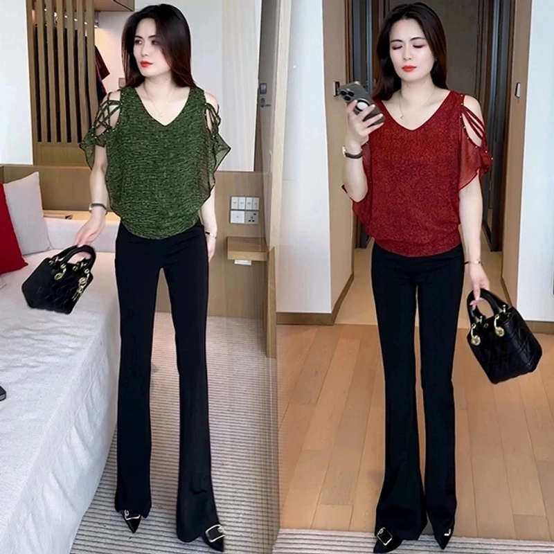 花色修身型短袖蝙蝠袖雪纺衫气质百搭开叉休闲夏季高腰上衣2025