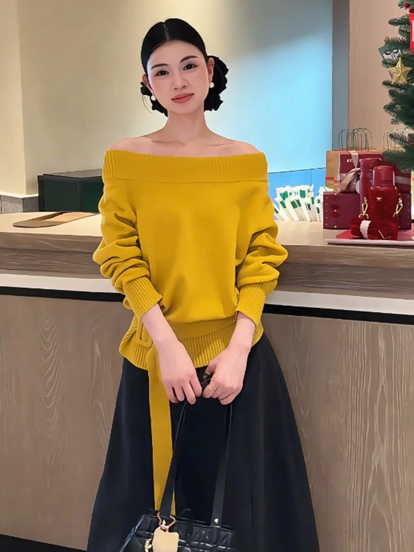 法式气质性感一字肩收腰上衣女装2025秋冬新款温柔绝美针织衫毛衣