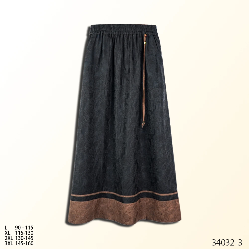 LL 2025新款流苏弹力腰优雅时尚拼接牡丹花黑色女半身裙34032-3