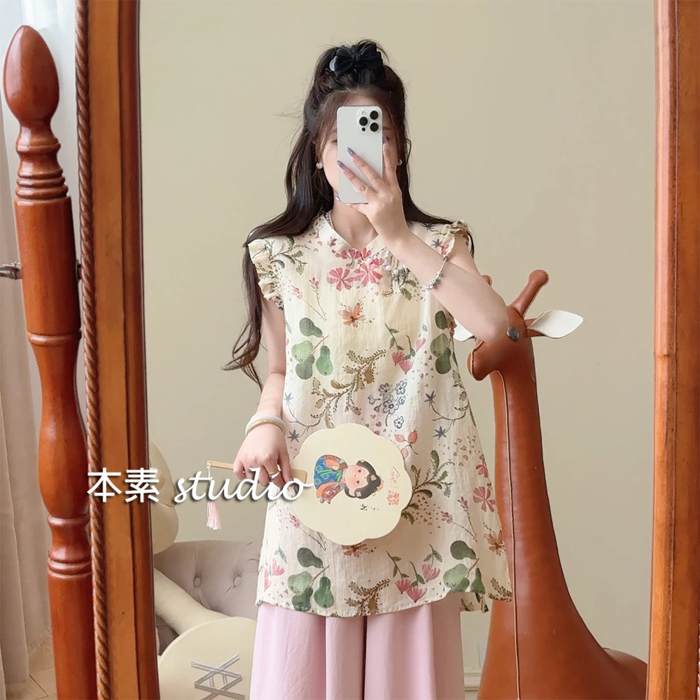 花开半夏Y2985印花盘扣侧开叉立领衬衫