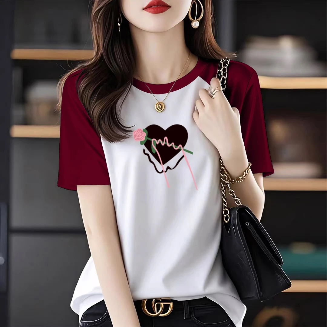 100%纯棉短袖t恤女士夏季新款宽松大码胖mm洋气拼接撞色半袖上衣