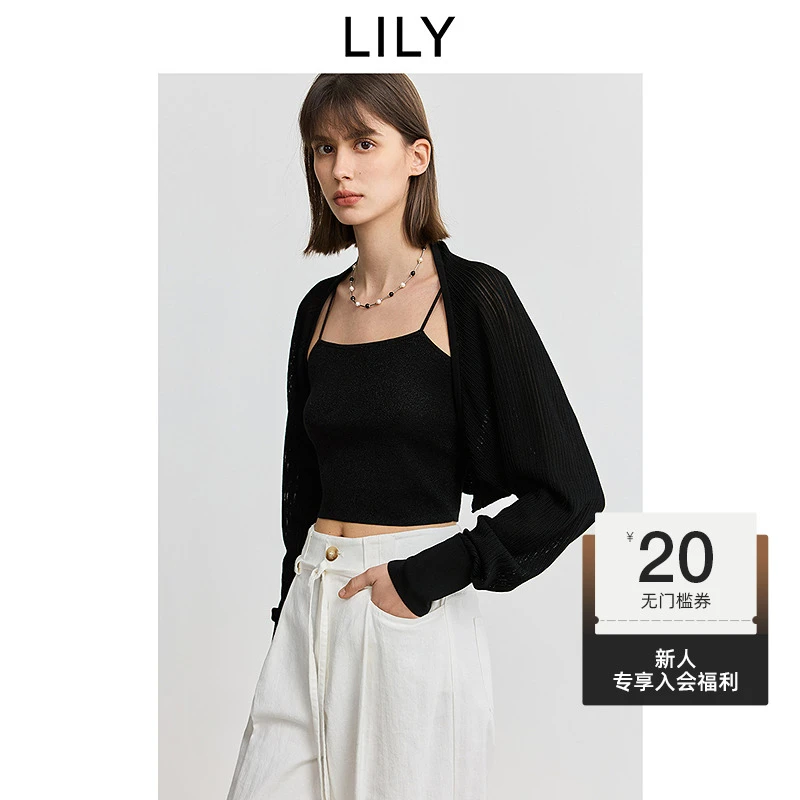LILY2025春季新款女装简约针织镂空披肩毛织开衫外套125149TC919