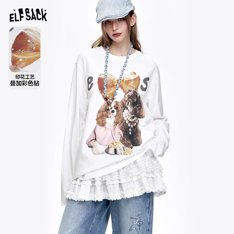 【新】妖精的口袋白色印花长袖t恤女2025年春季新款宽松Q