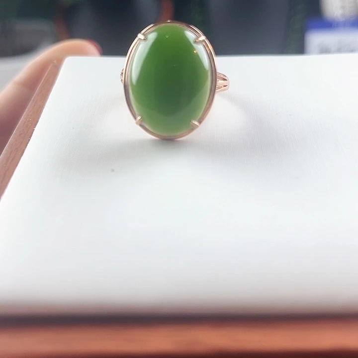 和田玉戒指银S925镀金镶嵌俄碧