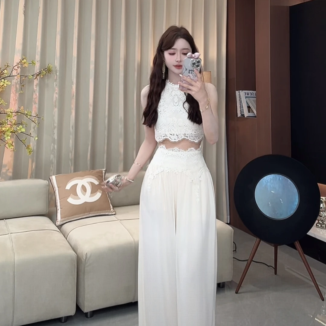 2025夏季多情夏威夷优雅甜美精致睫毛气质显瘦高腰蕾丝套装女