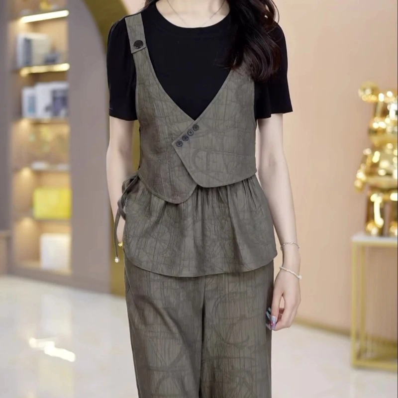 套装显瘦气质洋气时尚休闲夏季减龄短袖百搭宽松韩版拼接