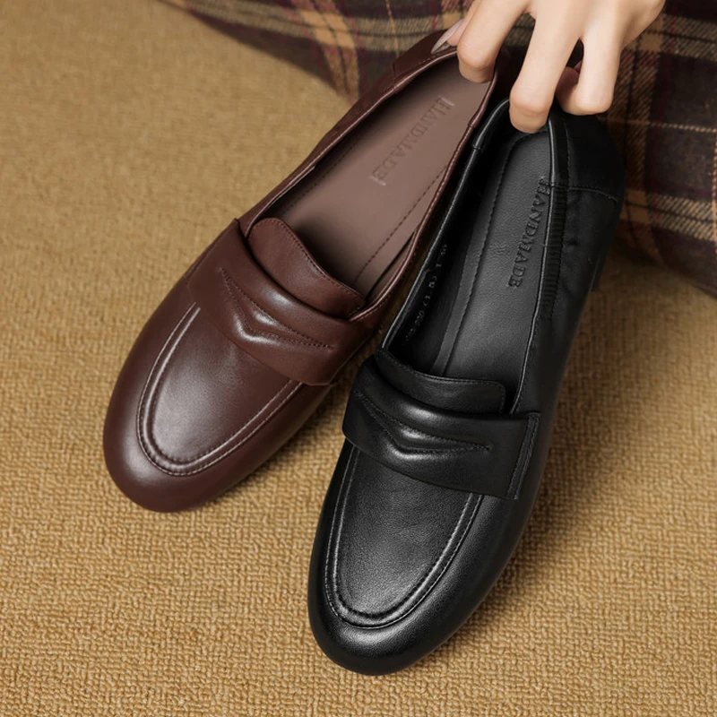 真皮新款英伦复古懒人单鞋女百搭平底巨软豆豆鞋子舒适深口乐福鞋