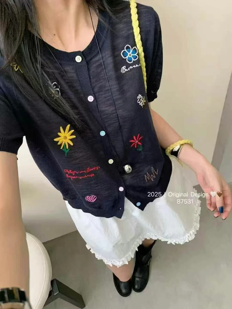 87531佳选轻奢夏季新款设计感圆领花朵图案开衫短袖