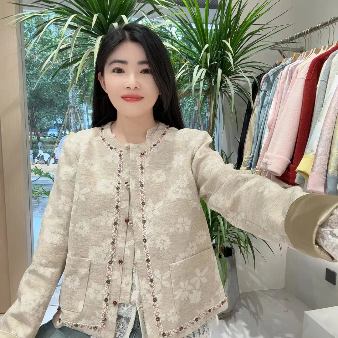 QC 253019 新中式钉珠国风太阳花提花拼接短外套