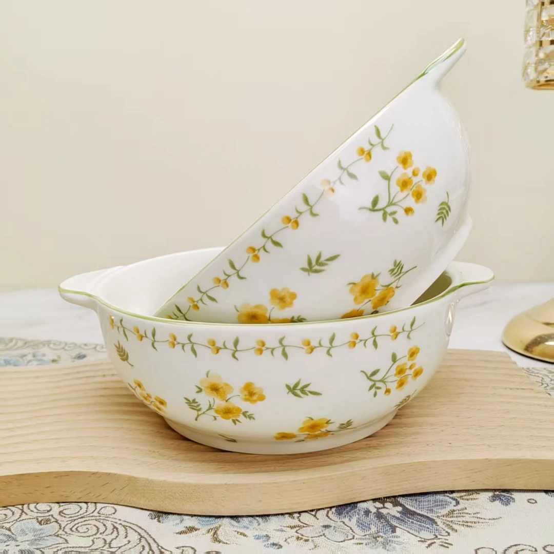 9.5英寸双耳碗奶油风-春意盎然 2只/破损联系客服补发