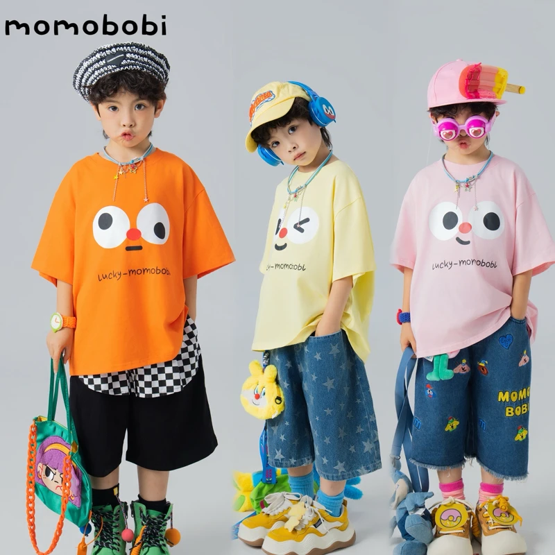 momobobi自制夏款儿童短袖可爱百搭笑脸大眼睛表情印花T恤上衣潮