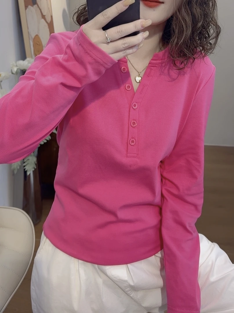 蓝卡缇亨利领简约款秋冬季女纯色长袖松简风纽扣V领休闲T恤