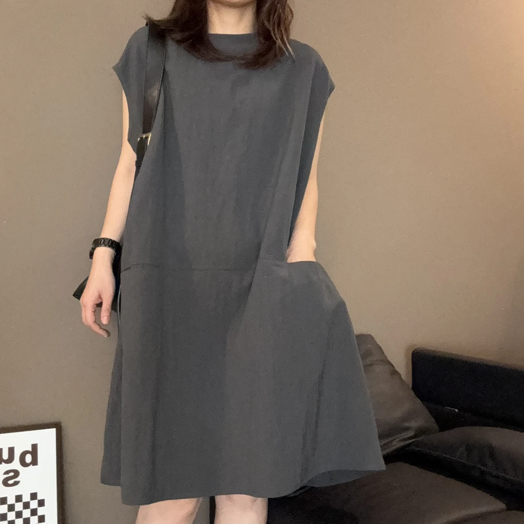 夏季气质休闲纯色无袖连衣裙女宽松遮肚减龄娃娃裙-25100